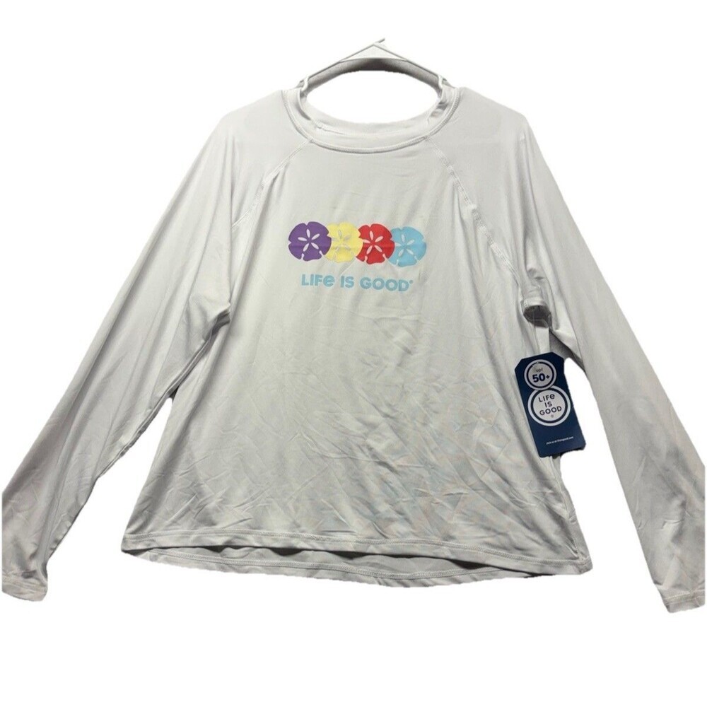 NWT Women's Life Is Good White W Flower Graphic LS Rash Guard UPF 50+ Top Sz XL